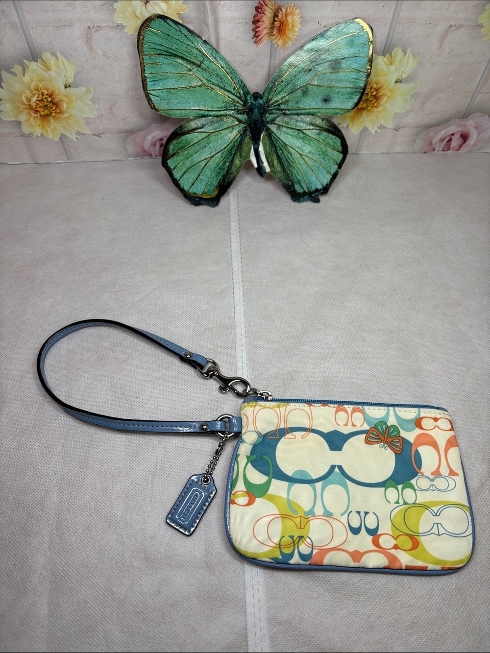 Vintage Y2K Coach Opt Art Butterfly Nylon Wristlet Blue Leather Trim No Callouts